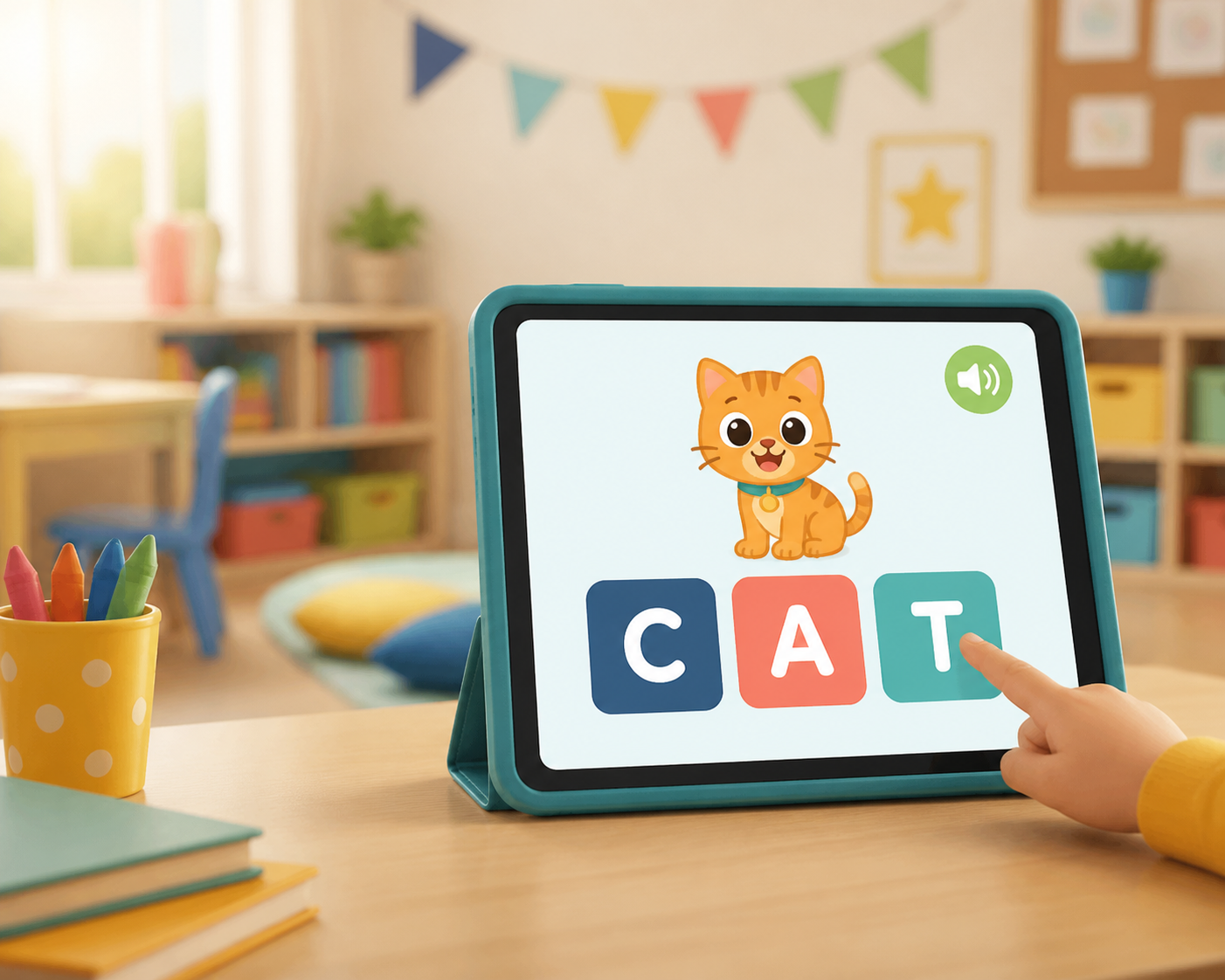 A child building the word cat with letter tiles on a tablet
